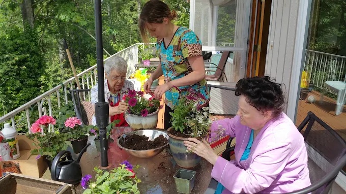 Gardening activity on the outdoor deck